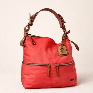 Dooney & Bourke Watermelon Nylon Medium Pocket Sac Leather Trim Hobo Bag